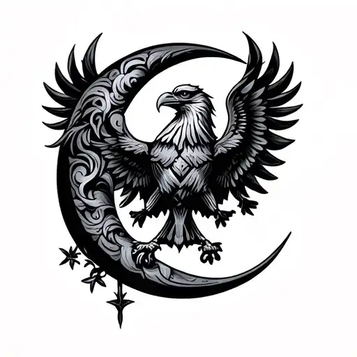Minimalist fineline tattoo design featuring a stylized crescent moon and a double-headed Russian eagle tattoo design idea