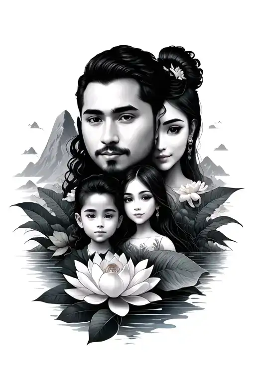 one father ,mom ,son,daughter with lotus and jungle mountain  tattoo design idea