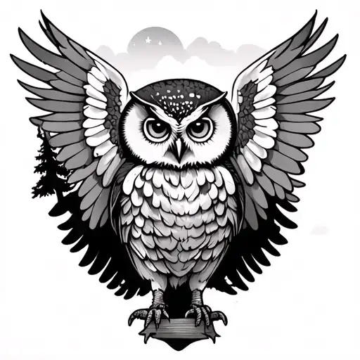 an owl's tattoo with open wings, a realistic image with part of the forest, trees, night sky, on the forearm tattoo design idea