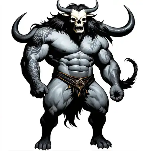 minotaur full body athletic and tall with skull tattoo design idea