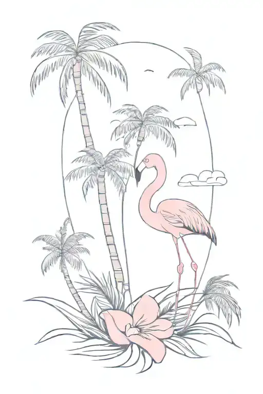 palm tree with pink flamingo underneath tattoo design idea