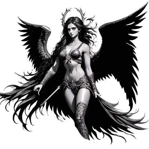 beautiful arch angel warrior woman tattoo design idea