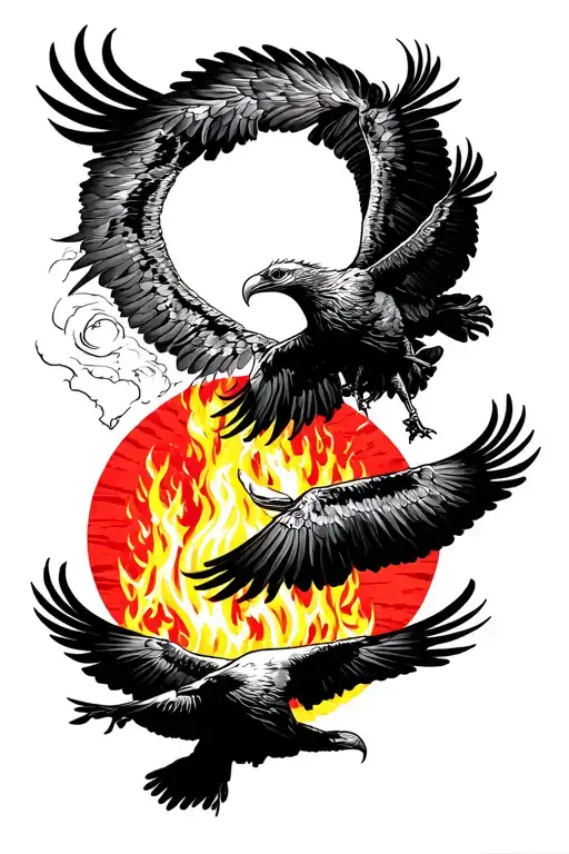 vultures circling a fire with a evil sun setting in the background tattoo design idea