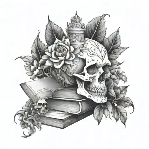 skull and dragon stack of book surrounded by bold floral tattoo design idea