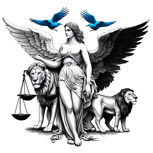detailed fine line virgo maiden that has wings with balancing scales, two doves, a blue bird a male lion and female lion tattoo design idea