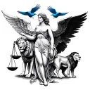 detailed fine line virgo maiden that has wings with balancing scales, two doves, a blue bird a male lion and female lion tattoo design idea