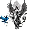 detailed fine line virgo maiden that has wings with balancing scales, two doves, a blue bird a male lion and female lion tattoo design idea