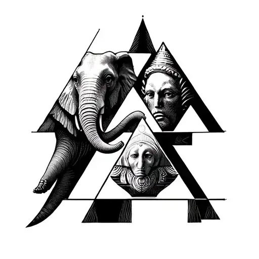 4 small triangles that makes together a bigger triangle. In the first small triangle, there is a bust of an elephant.  tattoo design idea