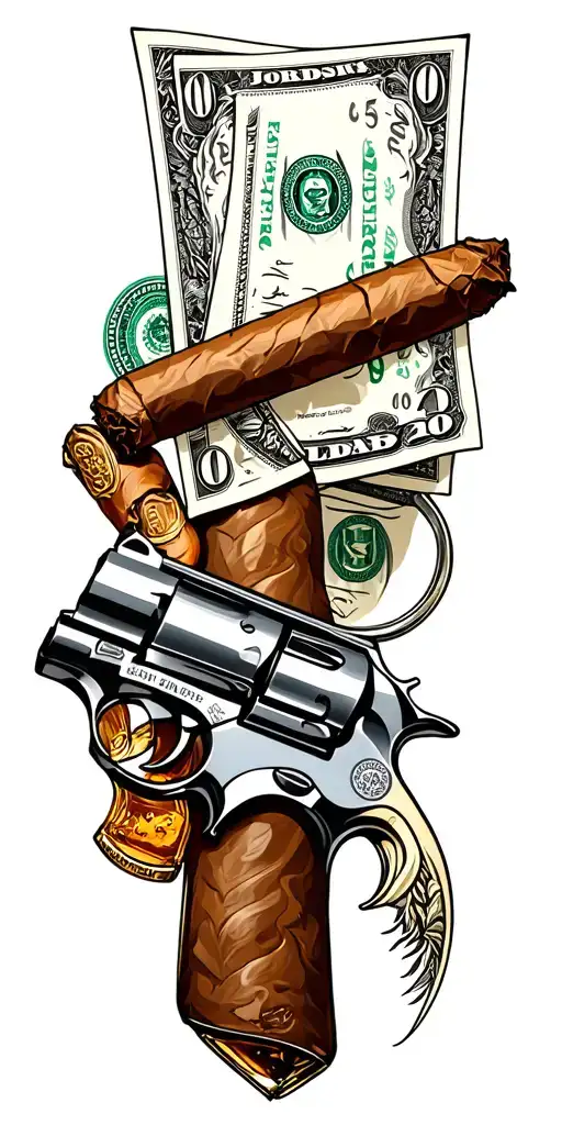cash money guns whiskey and cigar tattoo design idea