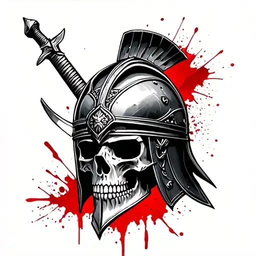 gladiator helmet with sword, skull and bloodstains and a coliseum tattoo design idea