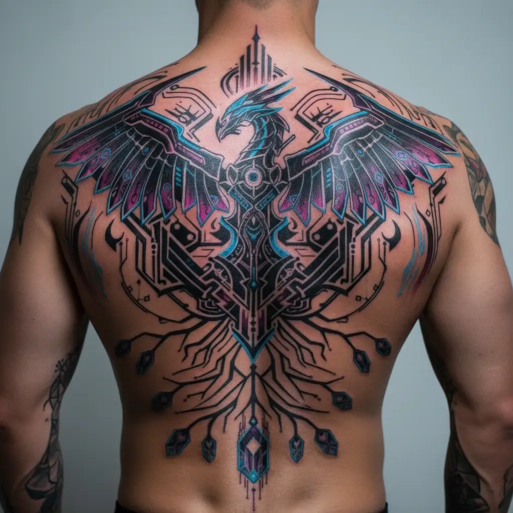 Gay male horned satyr with massive bodybuilder muscles. Background of natural tree roots, vines and patterns tattoo design idea