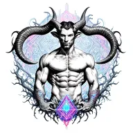 Gay male horned satyr with massive bodybuilder muscles. Background of natural tree roots, vines and patterns tattoo design idea