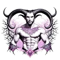 Gay male horned satyr with massive bodybuilder muscles. Background of natural tree roots, vines and patterns tattoo design idea