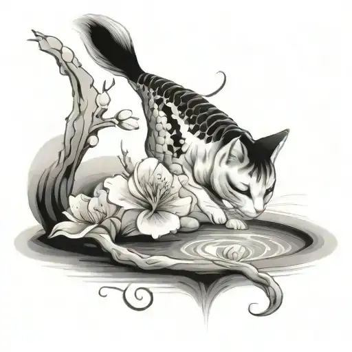 koi fish pond with a cherry blossom tree and cat reaching into water to catch fish  tattoo design idea