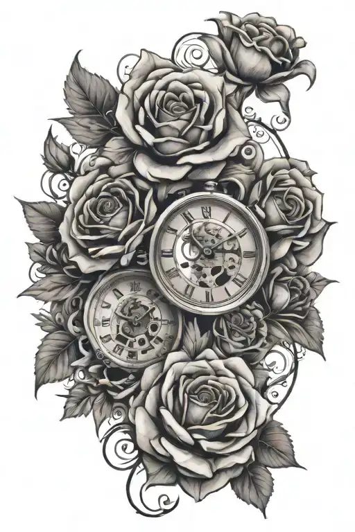 floral bouquet rose, aster, carnation, violet with two clocks tattoo design idea