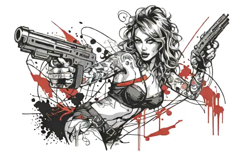hot girl in lingerie and dual revolvers tattoo design idea