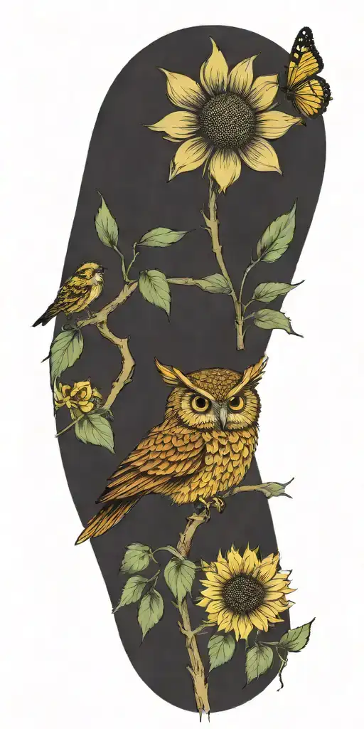 sunflower, peony flowers, long ear owl, bee  tattoo design idea