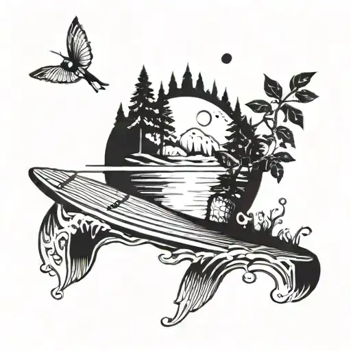 A surrealistic tattoo design combining elements of music and nature, with a surfboard floating on a serene lake surrounded by musical notes and forest trees tattoo design idea