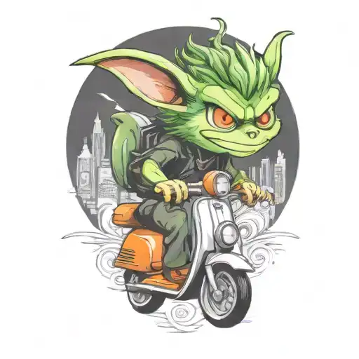 gremlin riding a scooter curly hair gavin   tattoo design idea