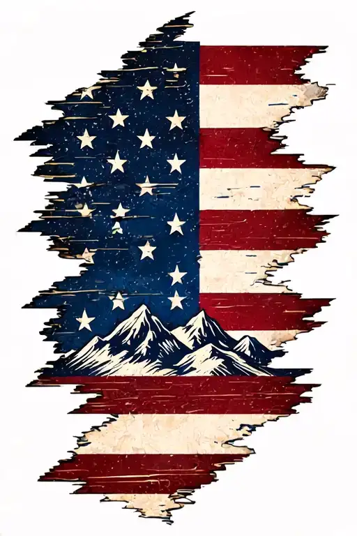 american flag vertical down distressed, mountains in middle of flag tattoo design idea