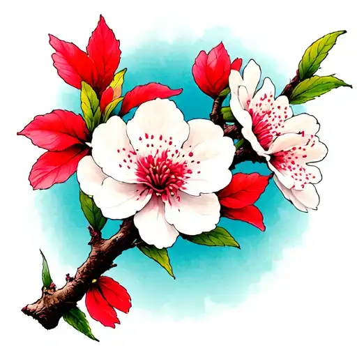 red, sakura flower on branch, small, fineline with stippled effect tattoo design idea