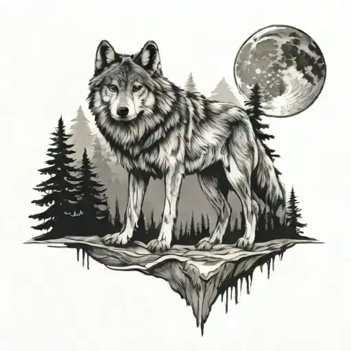 Design a tattoo with a full body wolf along with forest mountain moon and compass  tattoo design idea