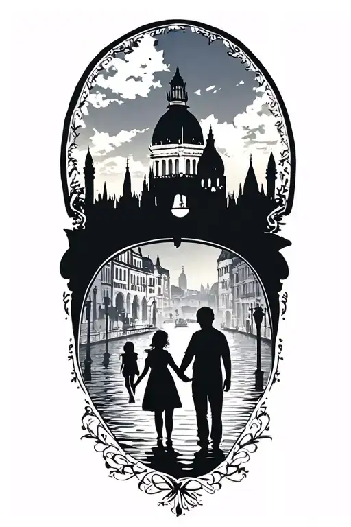 A silouette of a family holding hands traveling through various iconic European cities like Venice, Milan, and Budapest tattoo design idea