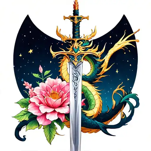 dragon wrapped around a sword with a blooming queen of the night flower  tattoo design idea