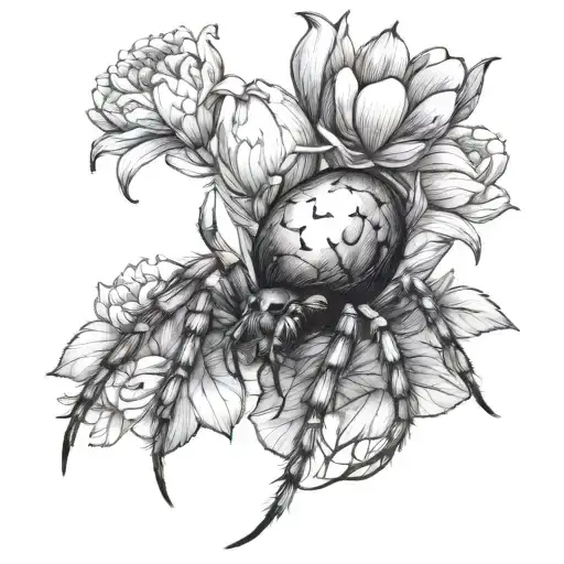 A Spider with a crown on top of its head standing on a hyacinth flower. tattoo design idea