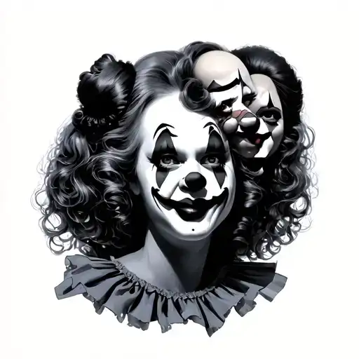 female clown with 3 faces on the same head tattoo design idea