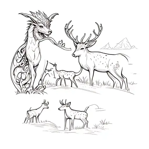 A sketch-style tattoo of a serene nature scene with a gargoyle figure watching over a family of deer, symbolizing protection and harmony in the wild tattoo design idea