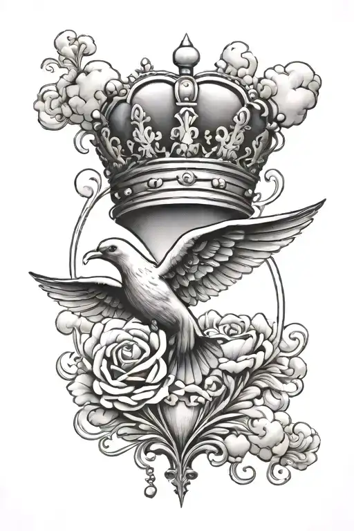 croos with a crown that say mom cloud and a dove in the clouds tattoo design idea