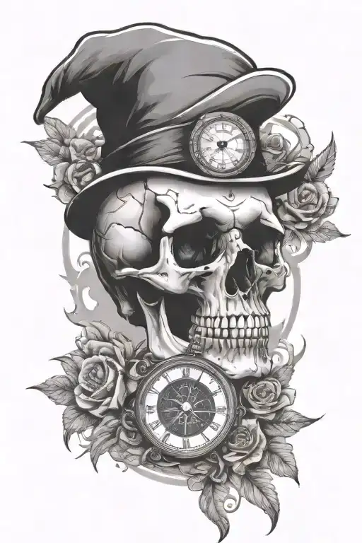 skull surrounded by a clock and compass design tattoo design idea