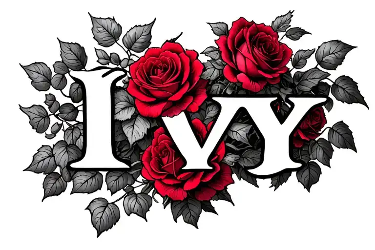 the name ivy surrounded by red roses and ivy growing tattoo design idea