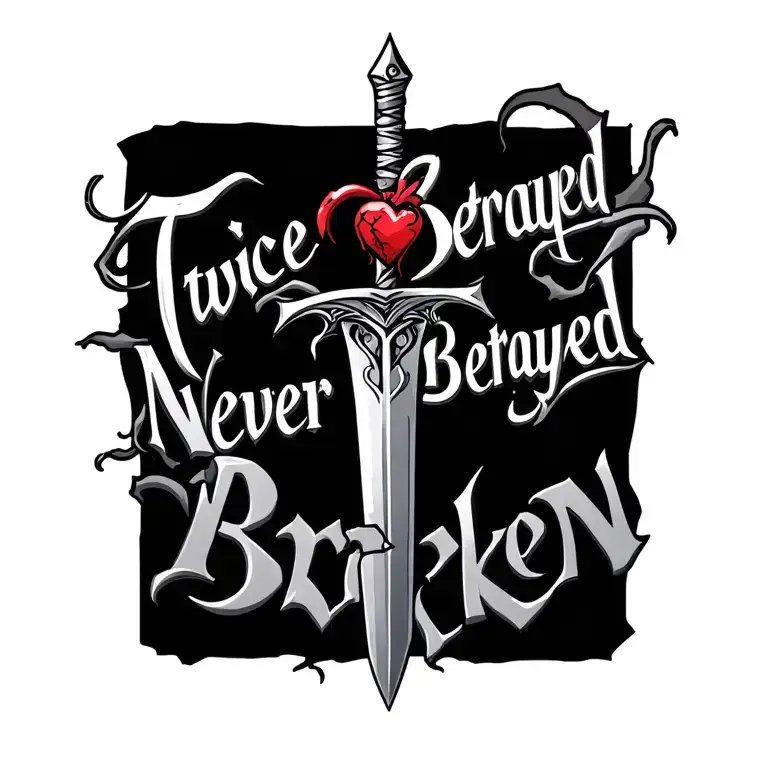 "Twice Betrayed Never Broken" heart broken sword tattoo design idea
