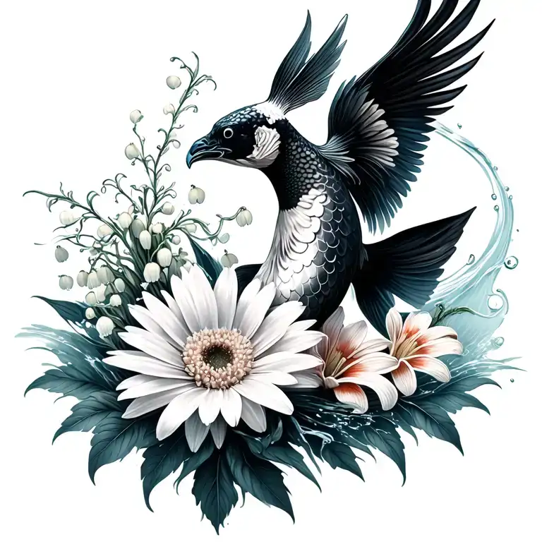 out of water black white koi Transformung into phoenix, bouquet with an aster, a daisy, a lily of the valley tattoo design idea
