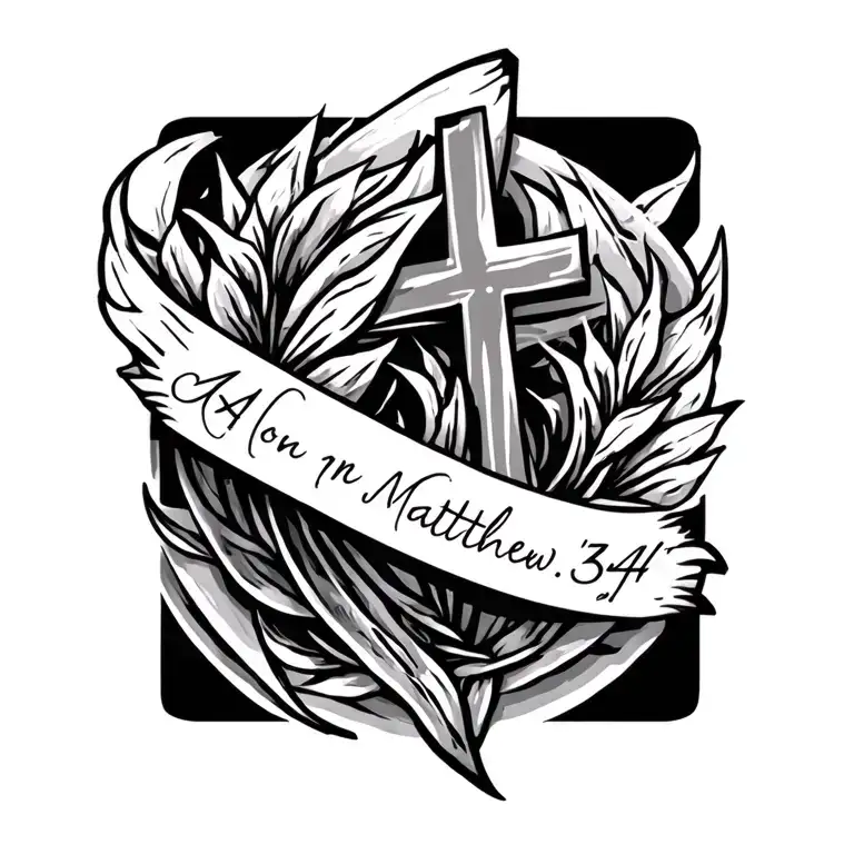 thin line cross with verse Matthew 6:34 tattoo design idea