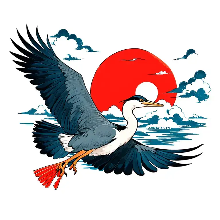 Heron flying in front of a red sun with some clouds next to the sun tattoo design idea