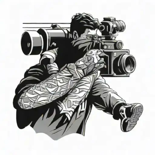 Create a dynamic composition of a videographer capturing a Benfica 1904 match tattoo design idea