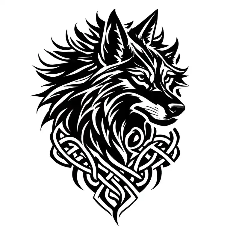 solid black low detail celtic wolf profile unraveling into celtic knots tattoo design idea