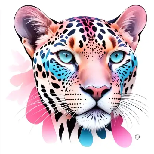 panther female, feminine, pink, blue, white tattoo design idea