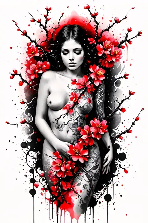 long cherry blossom vine intertwined over woman sensual body tattoo design idea