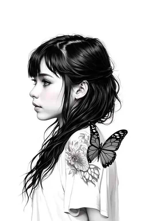 Side profile portrait of an emo girl passing a butterfly tattoo design idea