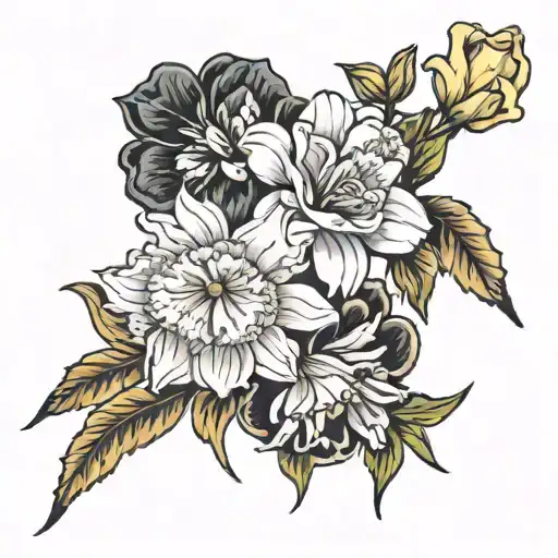 one carnation two daffodils  one daisy one rose three white lillie’s one marigold one narcissus tattoo design idea