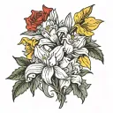 one carnation two daffodils  one daisy one rose three white lillie’s one marigold one narcissus tattoo design idea