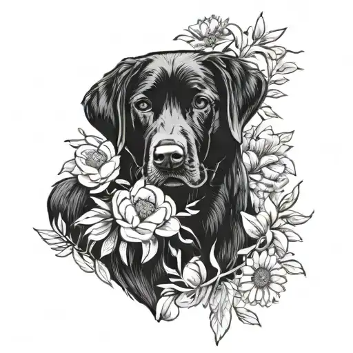 A blackwork tattoo of a mother black lab surrounded by a vibrant bouquet of Italian flowers, representing the nurturing and protective nature of motherhood tattoo design idea
