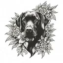 A blackwork tattoo of a mother black lab surrounded by a vibrant bouquet of Italian flowers, representing the nurturing and protective nature of motherhood tattoo design idea