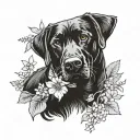 A blackwork tattoo of a mother black lab surrounded by a vibrant bouquet of Italian flowers, representing the nurturing and protective nature of motherhood tattoo design idea