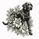 A blackwork tattoo of a mother black lab surrounded by a vibrant bouquet of Italian flowers, representing the nurturing and protective nature of motherhood tattoo design idea