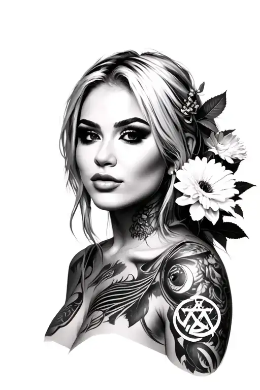 Female portrait. Holding flowers. Alexa bliss hairstyle. pop punk look. include leviathan symbol tattoo design idea